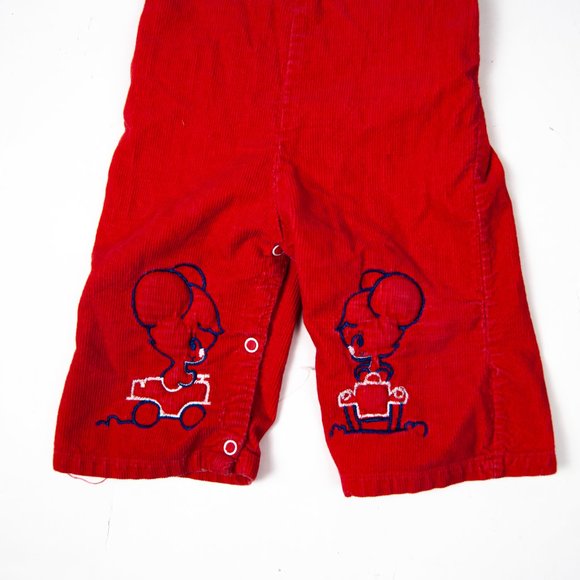 70s red corduroy embroidered mice overalls 12-18 months / cute red overalls / in - Picture 2 of 3